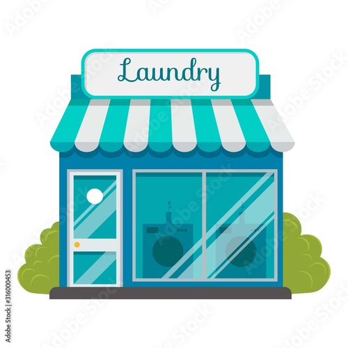 Facade laundry. Signboard with emblem, awning and symbol in windows. Concept front shop for design banner or brochure. Abstract image in flat design. Vector illustration isolated on white background