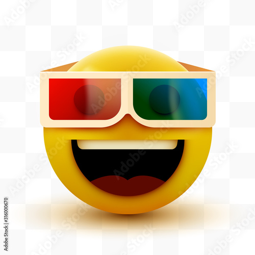 Emoji with 3d glasses, emoticon watching 3d movie, 3d rendering.