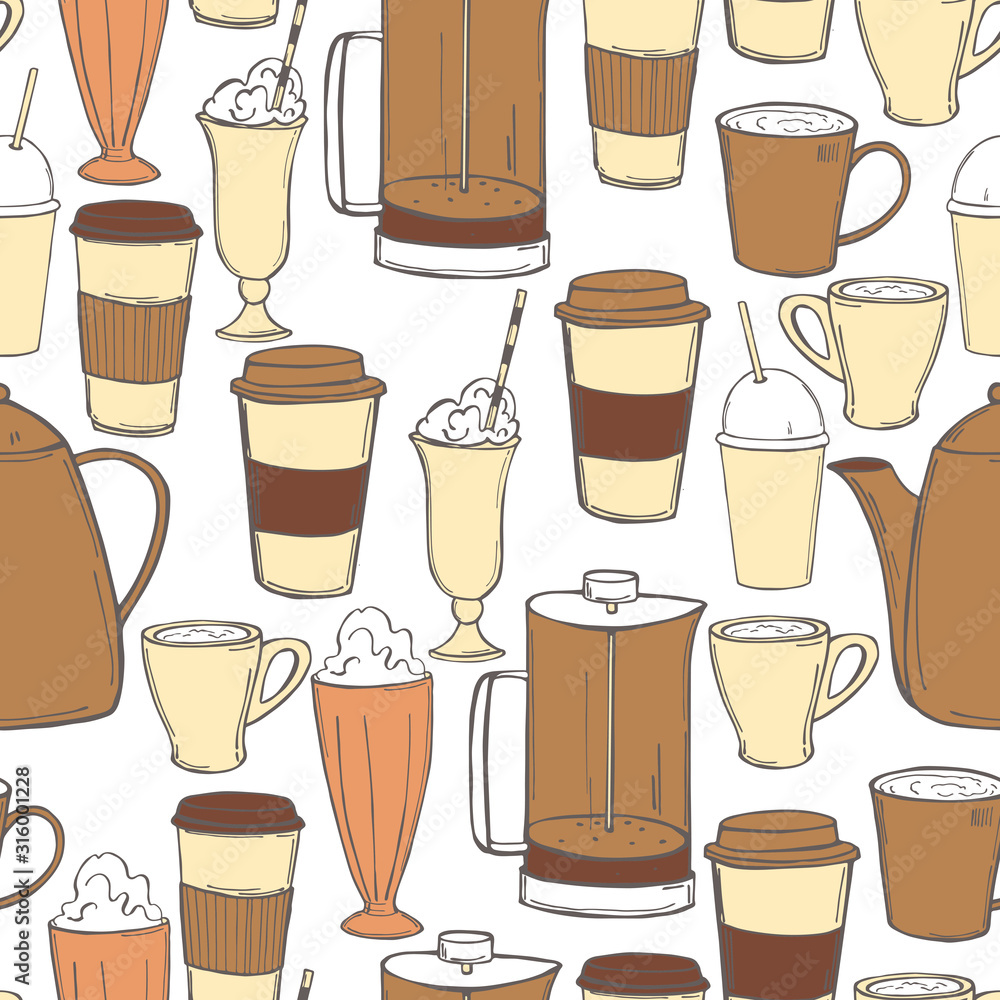 Coffee drinks and milkshakes. Vector seamless pattern.
