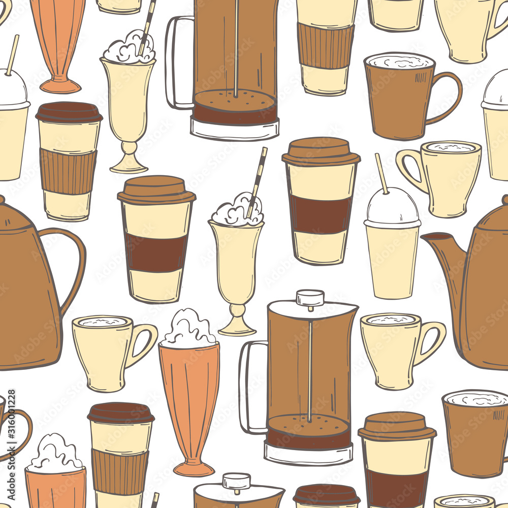 Coffee drinks and milkshakes. Vector seamless pattern. Coffee drinks and milkshakes. Vector seamless pattern.