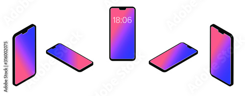 isometric phone in different planes, 3d volumetric, gradient background