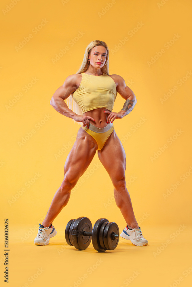 Athlete bodybuilder. Strong athletic woman on steroids with
