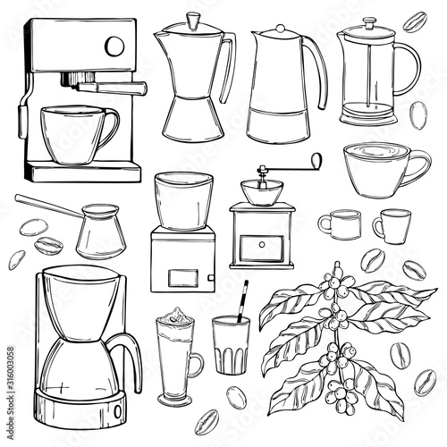 Hand drawn coffee set. Сoffee makers  and grinders. Vector sketch  illustration.