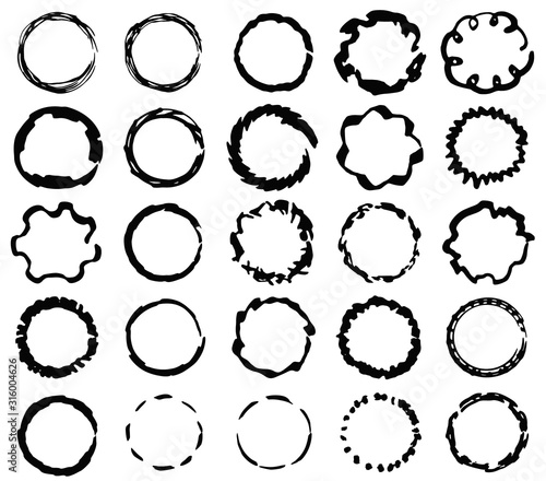 Big set of isolated vector black grunge thick scratch and wavy ink brush round frames. Dirty hand drawn textured inky line circles collection for graphic design, decoration