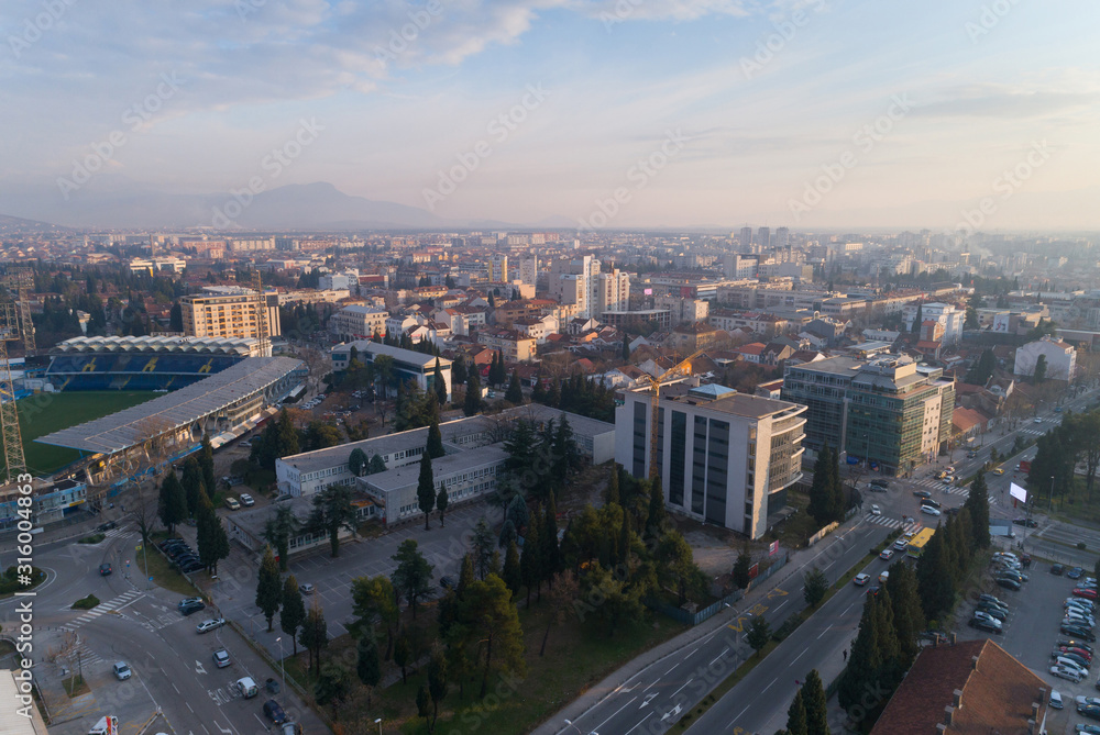 aerial view of Podgorica city during sunset