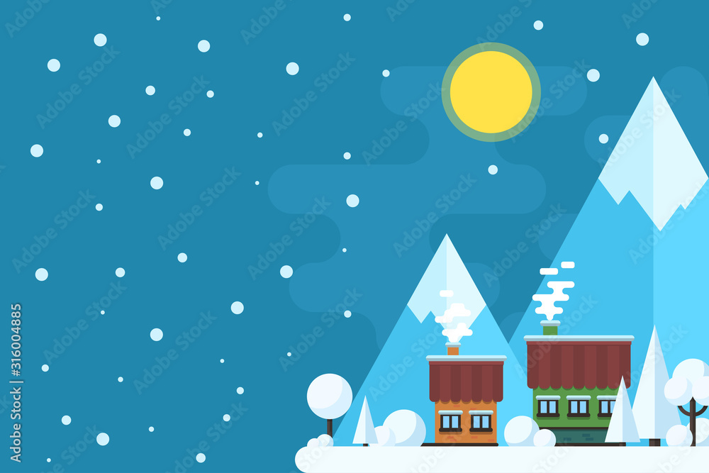 Winter daytime landscape. Houses on a background of mountains. Vector flat illustration