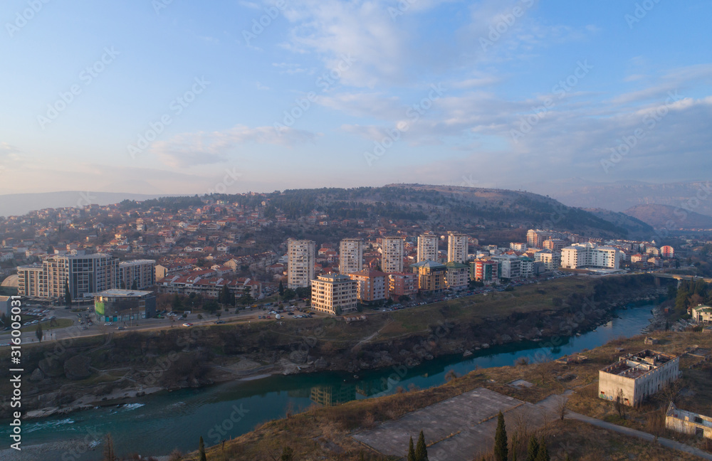 Fototapeta premium aerial view of Podgorica city during sunset