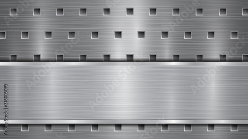 Background in gray colors, consisting of a metallic perforated surface with holes and a polished plate with metal texture, glares and shiny edges