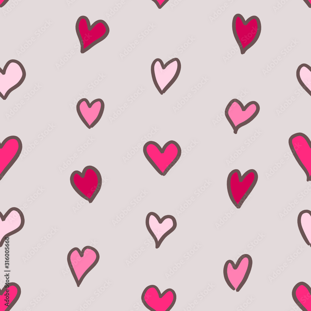 Cute Valentine hearts seamless background, wallpaper. Cartoon doodle hand drawn illustration. Decorative texture, set of hearts. Design for banners, textiles, wrapping.