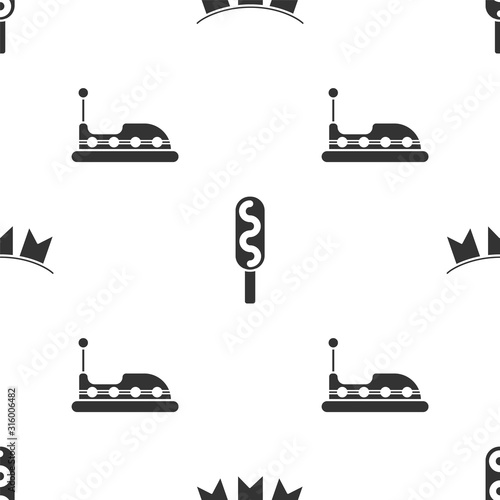 Set Carnival garland with flags, Corn dog and Bumper car on seamless pattern. Vector