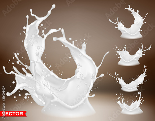 Realistic milk splashes, bursts and crown with drops and blots. Pouring liquid on brown background. Layered vector.