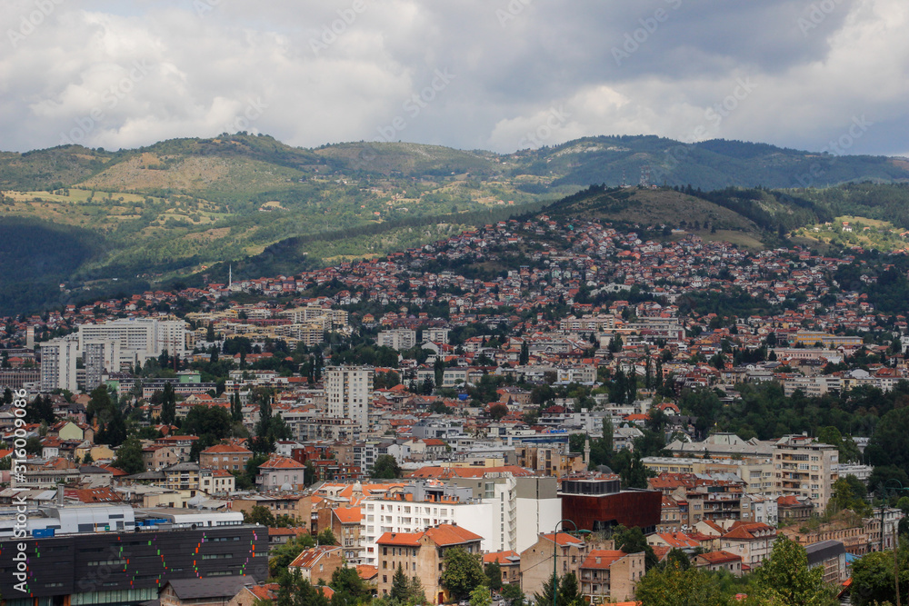 view of the architecture of the city of Sarajevo - the capital of Bosnia and Herzegovina. Top view on a stormy stormy day before the rain.