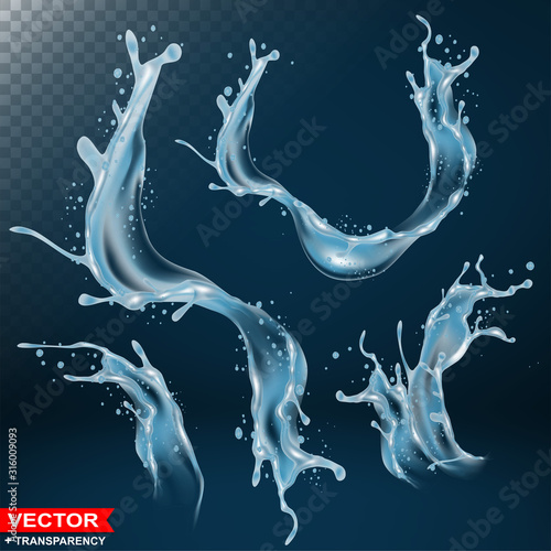 Realistic water splashes, bursts and wave with drops and blots. Pouring liquid on dark blue background. Layered vector with transparency.