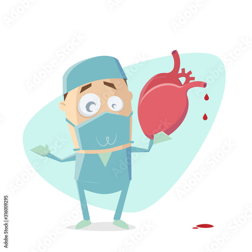 funny cartoon illustration of a surgeon holding a human heart