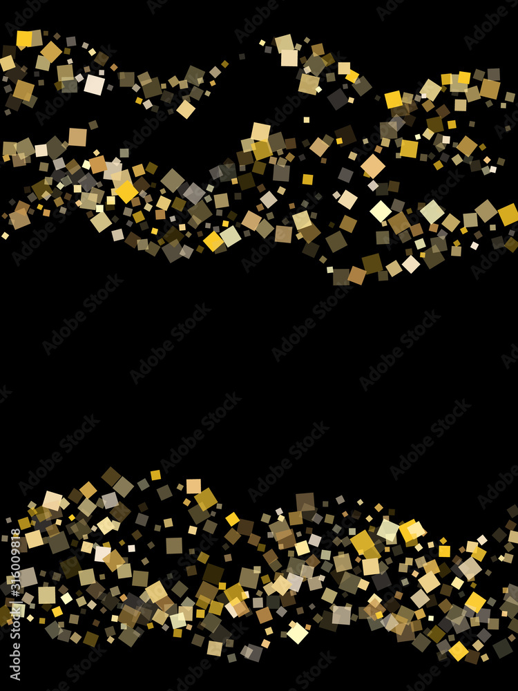 Birthday gold square confetti tinsels scatter on black. VIP holiday vector sequins background. Gold foil confetti party glitter pattern. Square pieces party background. Birthday gold square confetti tinsels scatter on black. VIP holiday vector sequins background. Gold foil confetti party glitter pattern. Square pieces party background.