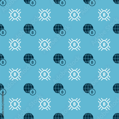 Set Globe and cryptocurrency coin Bitcoin and CPU mining farm on seamless pattern. Vector