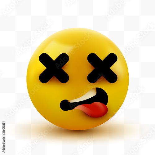 Dead face emoji. Cross eyes emoticon 3d rendering.