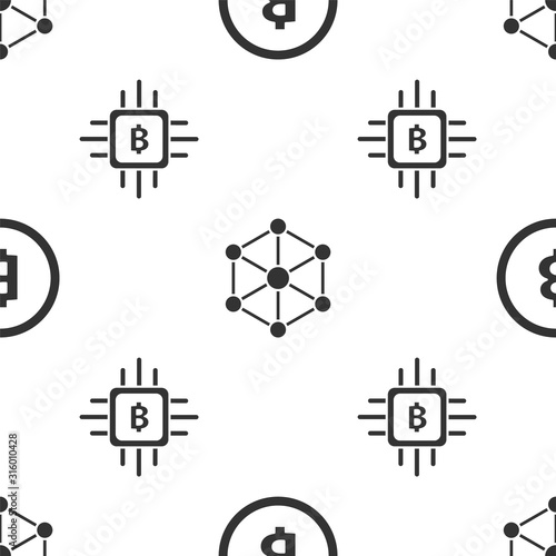 Set Cryptocurrency coin Bitcoin, Blockchain technology and CPU mining farm on seamless pattern. Vector