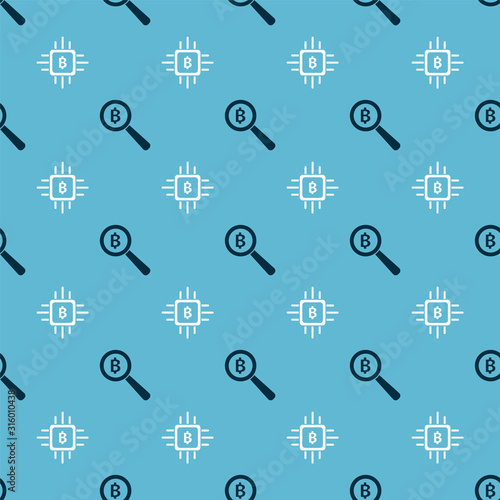 Set Magnifying glass with Bitcoin and CPU mining farm on seamless pattern. Vector