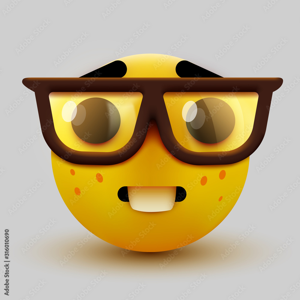 Nerd face emoji, clever emoticon with glasses. Geek or student. Stock  Vector | Adobe Stock