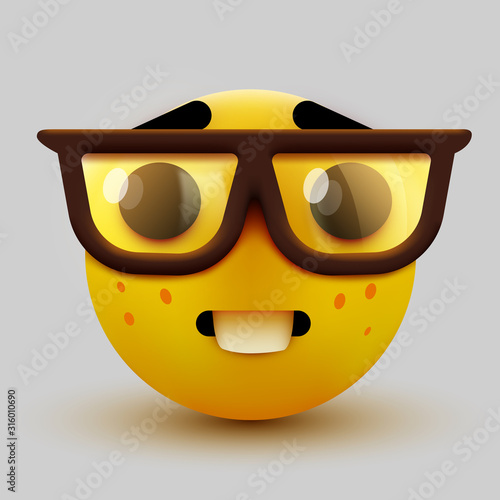 Nerd face emoji, clever emoticon with glasses. Geek or student.