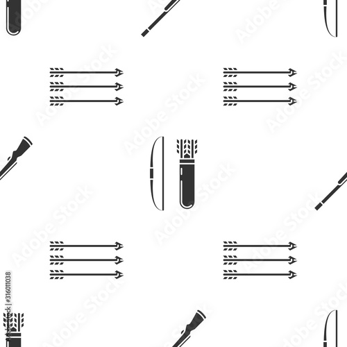 Set Hunting gun, Bow and arrow in quiver and Hipster arrows on seamless pattern. Vector