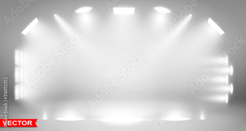 Realistic different glow light effect with white spotlight. Abstract special effect element design. Gray stage background. Layered vector.
