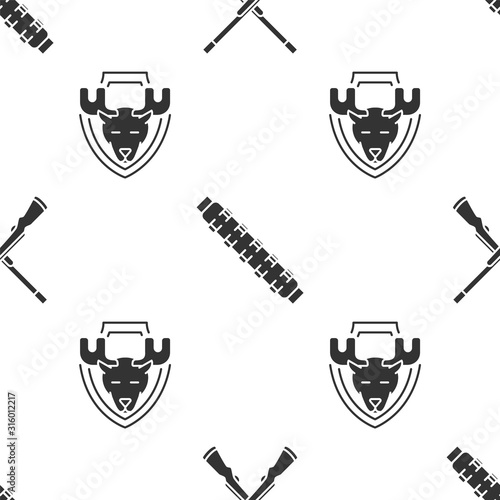 Set Two crossed shotguns, Hunting cartridge belt with cartridges and Moose head on shield on seamless pattern. Vector