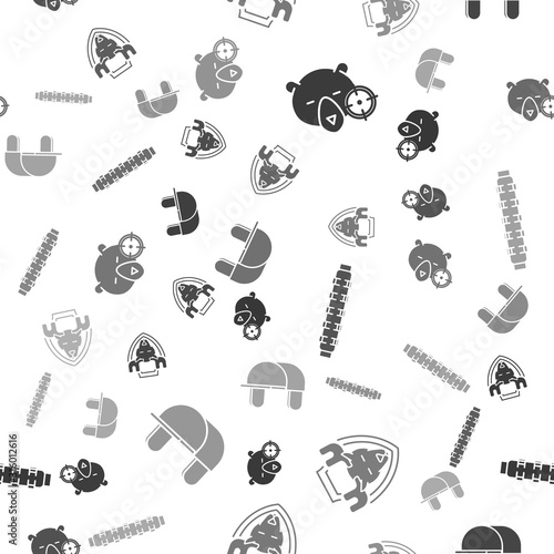 Set Hunt on bear with crosshairs, Moose head on shield, Hunting cartridge belt with cartridges and Hunter hat on seamless pattern. Vector