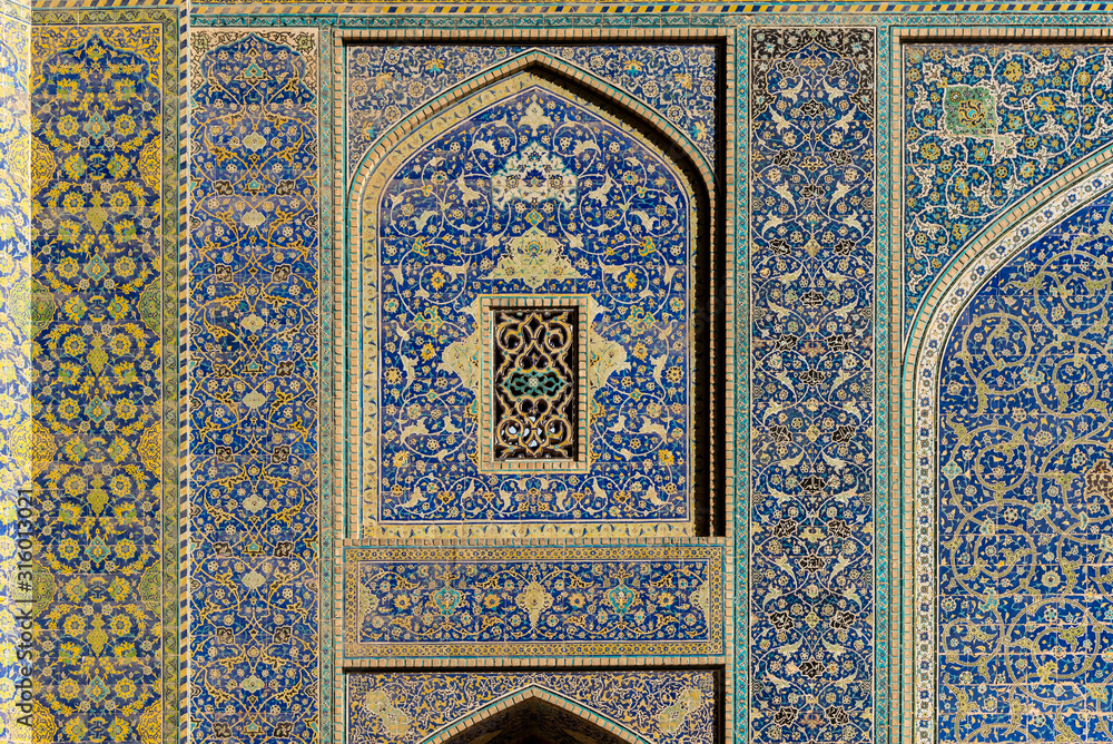 Tilework on walls of Imam Mosque, Imam Square in Isfahan, Iran