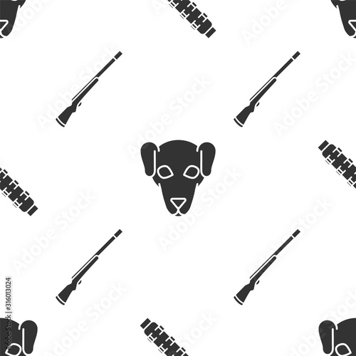 Set Hunting cartridge belt with cartridges, Hunting dog and Hunting gun on seamless pattern. Vector