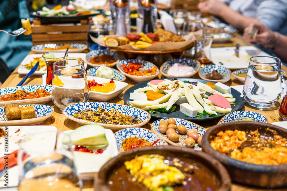 turkish breakfast table. Many breakfast items on the table turkish breakfast table. Many breakfast items on the table