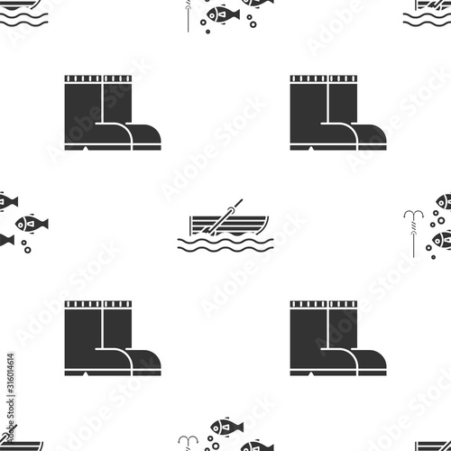 Set Fishing hook under water with fish, Fishing boat with oars on water and Fishing boots on seamless pattern. Vector