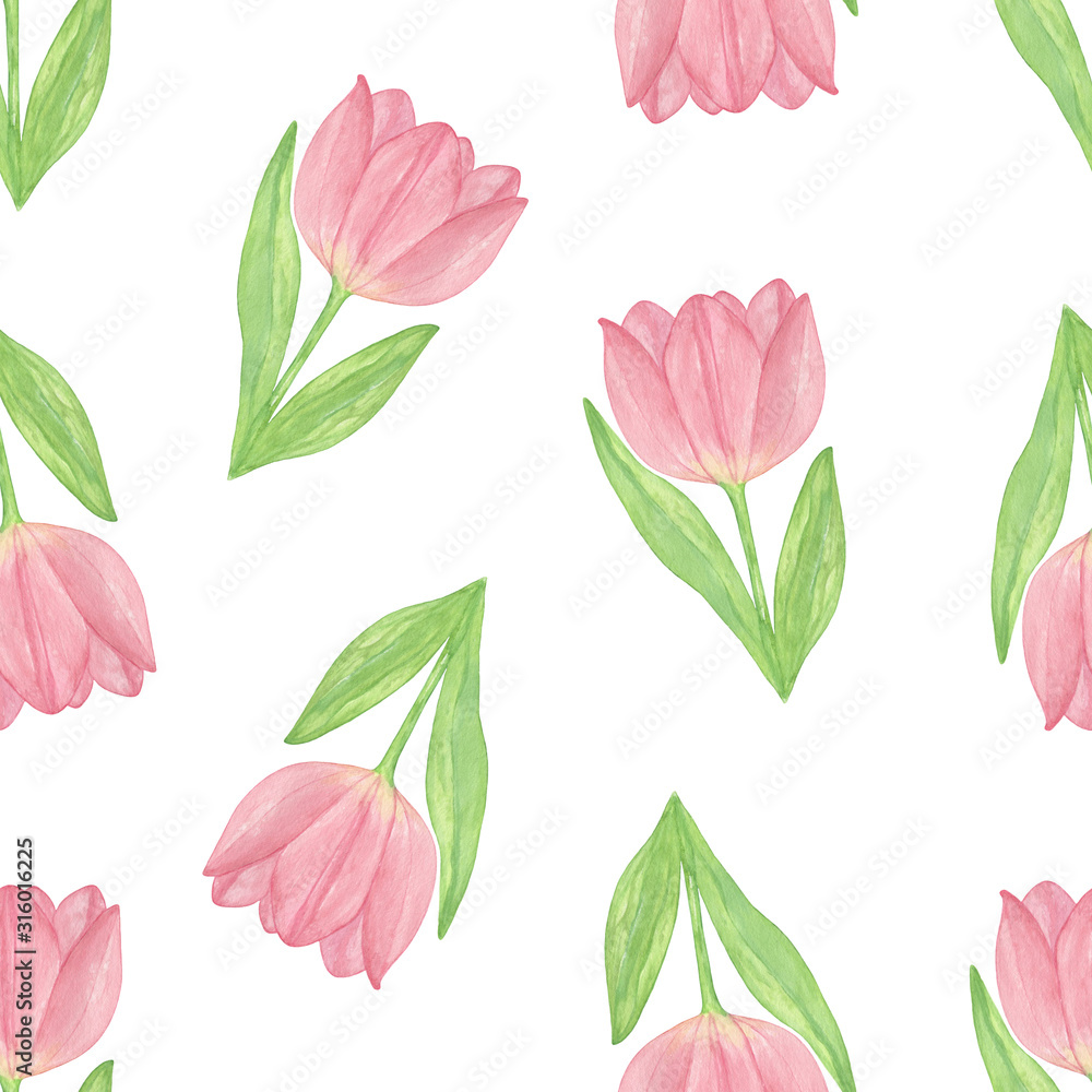 Repeat pattern of a tender pink tulip flower on the white background, simple hand drawn watercolor illustration for greeting cards, invitations and other design purposes Repeat pattern of a tender pink tulip flower on the white background, simple hand drawn watercolor illustration for greeting cards, invitations and other design purposes