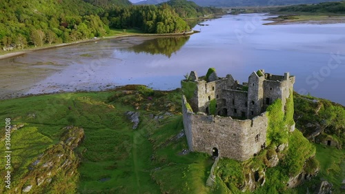 A drone shot of Castle Tioram,Scotland,UK