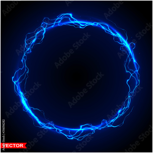 Realistic magic circle of thunder storm blue lightnings. Magic and bright lighting effects. On dark blue background. Layered vector.