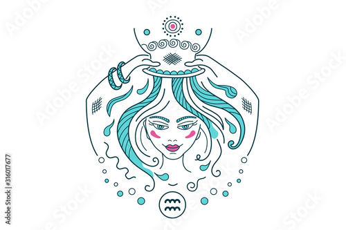 Aquarius constellation zodiac sign illustration, fantasy ornament in fairy style. Girl or woman take a shower from a pot, washing long hair. Shampoo logo, emblem for a brand of cosmetic products.