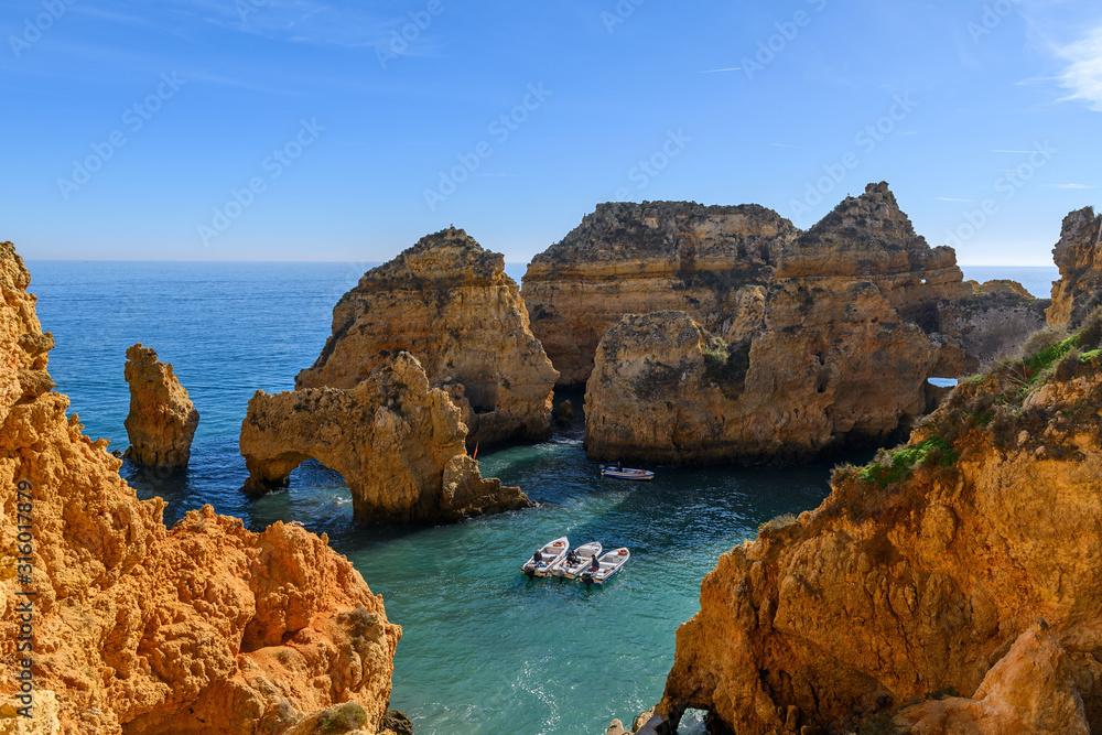 Beautiful rocky coastline and blue sea in Portugal 