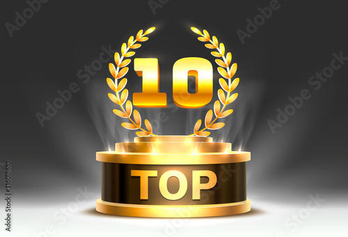 Top 10 best podium award sign, golden object.