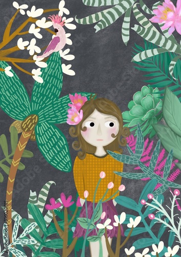 Fototapeta Naklejka Na Ścianę i Meble -  Illustration of a girl in a wild jungle.