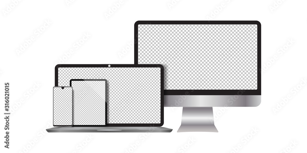 Realistic computers, laptops, tablets, smartphone monitors with a white background Realistic computers, laptops, tablets, smartphone monitors with a white background