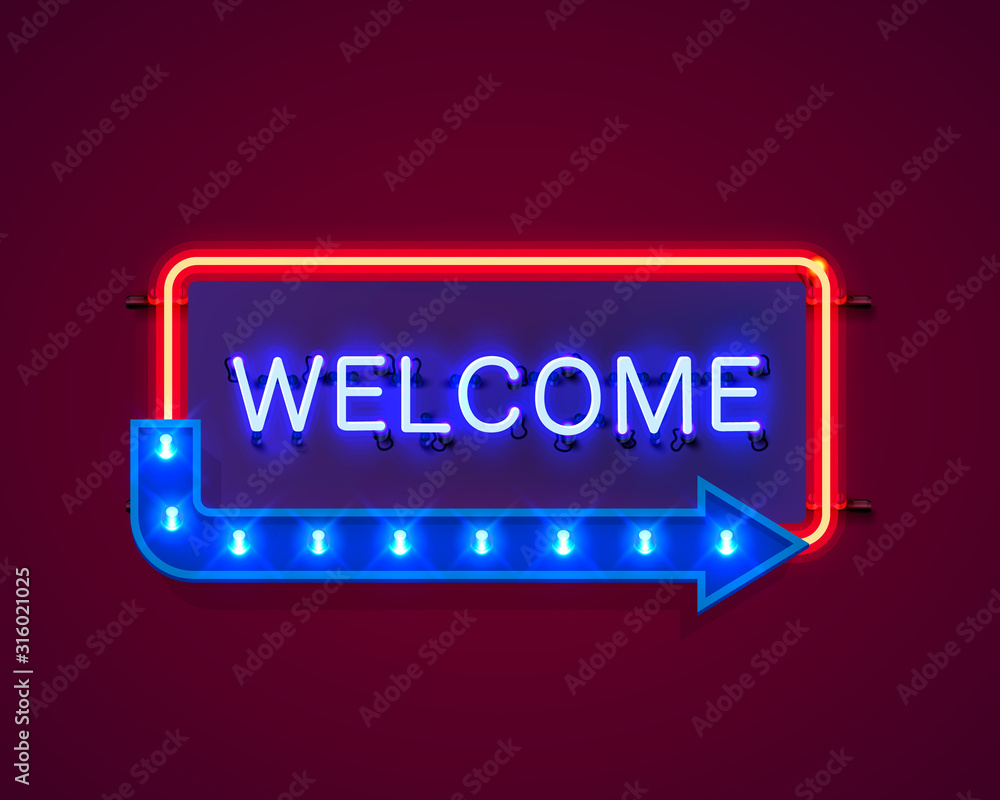 Neon welcome open signboard on the red background. Neon welcome open signboard on the red background.