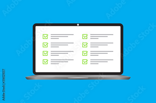 Laptop icon in a trendy flat style with a data checklist. Questions concept for the test check box. Notebook screen. Vector illustration element.