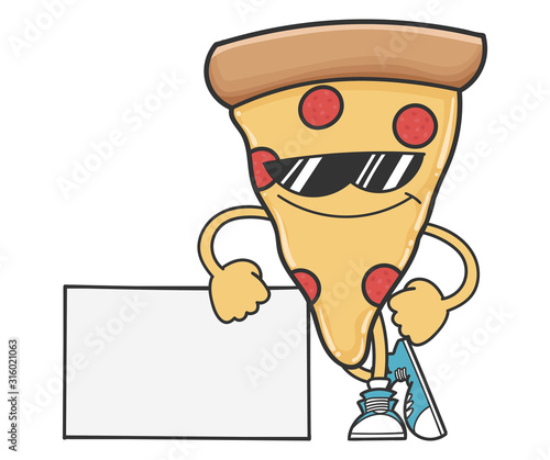 pizza slice cartoon with sunglasses leaning on sign