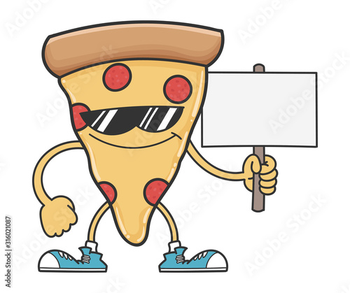 pizza slice cartoon with sunglasses holding sign post