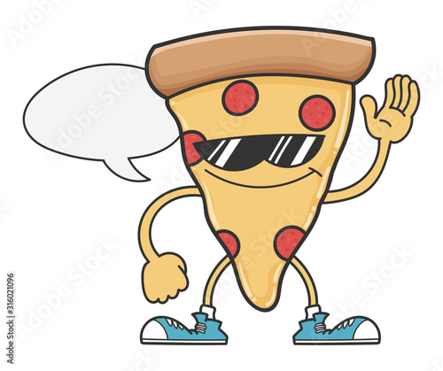 pizza slice cartoon with sunglasses and speech bubble