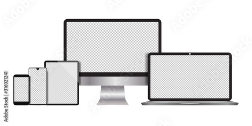 Realistic computers, laptops, tablets, smartphone monitors with a white background