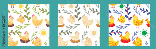 Vector seamless cute pattern with hens, leaves, sun. Illustration for packaging, postcards, textiles, print. Easter picture. Funny cute pictures. Doodle drawn by hand. Pattern for children.
