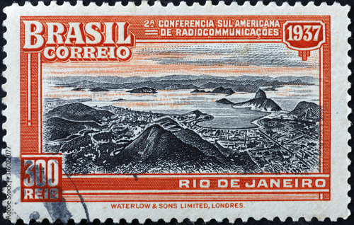 Old view of Rio de Janeiro on brazilian postage stamp