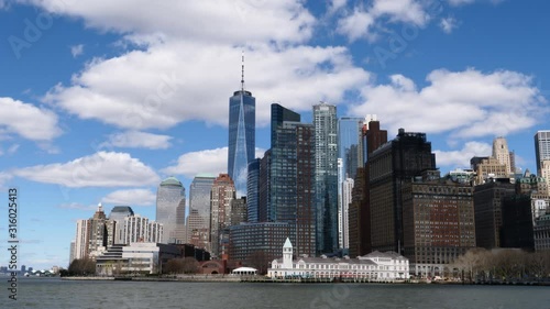 Sailing in New York City, USA - View of Manhattan Financial District and Skyscrapers from the River